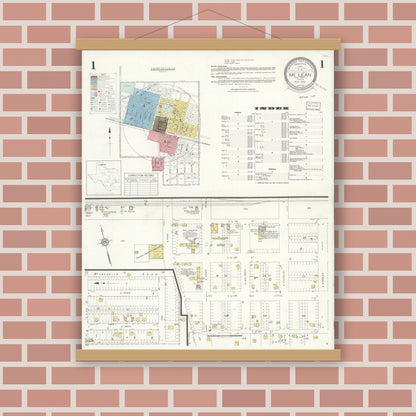 Old map wall art mockup — magnetic wood frame on brick wall — Sanborn Fire Insurance Map from McLean, Gray County, Texas (1933), Sheet #0001