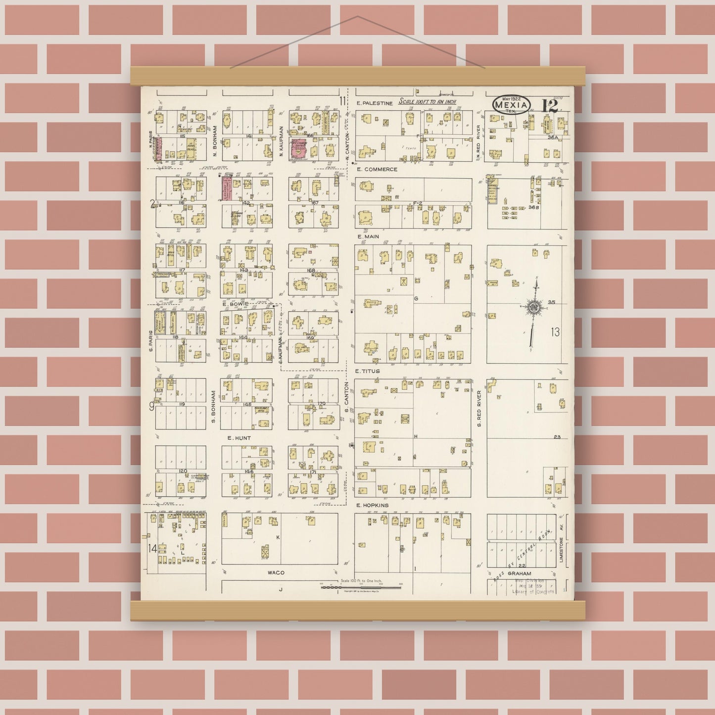 Old map wall art mockup — magnetic wood frame on brick wall — Sanborn Fire Insurance Map from Mexia, Limestone County, Texas (1922), Sheet #0012