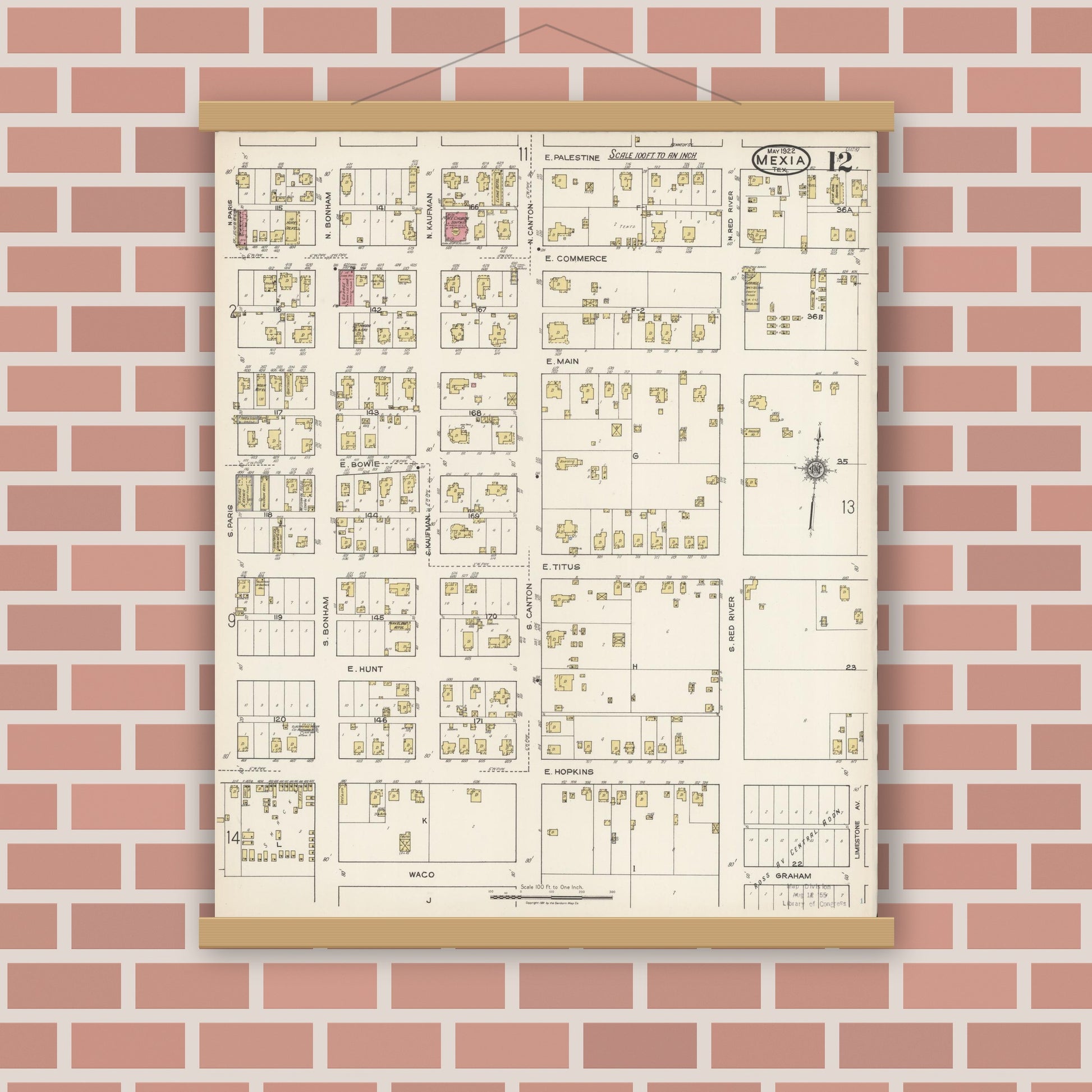 Old map wall art mockup — magnetic wood frame on brick wall — Sanborn Fire Insurance Map from Mexia, Limestone County, Texas (1922), Sheet #0012