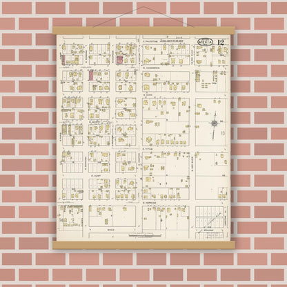 Old map wall art mockup — magnetic wood frame on brick wall — Sanborn Fire Insurance Map from Mexia, Limestone County, Texas (1922), Sheet #0012