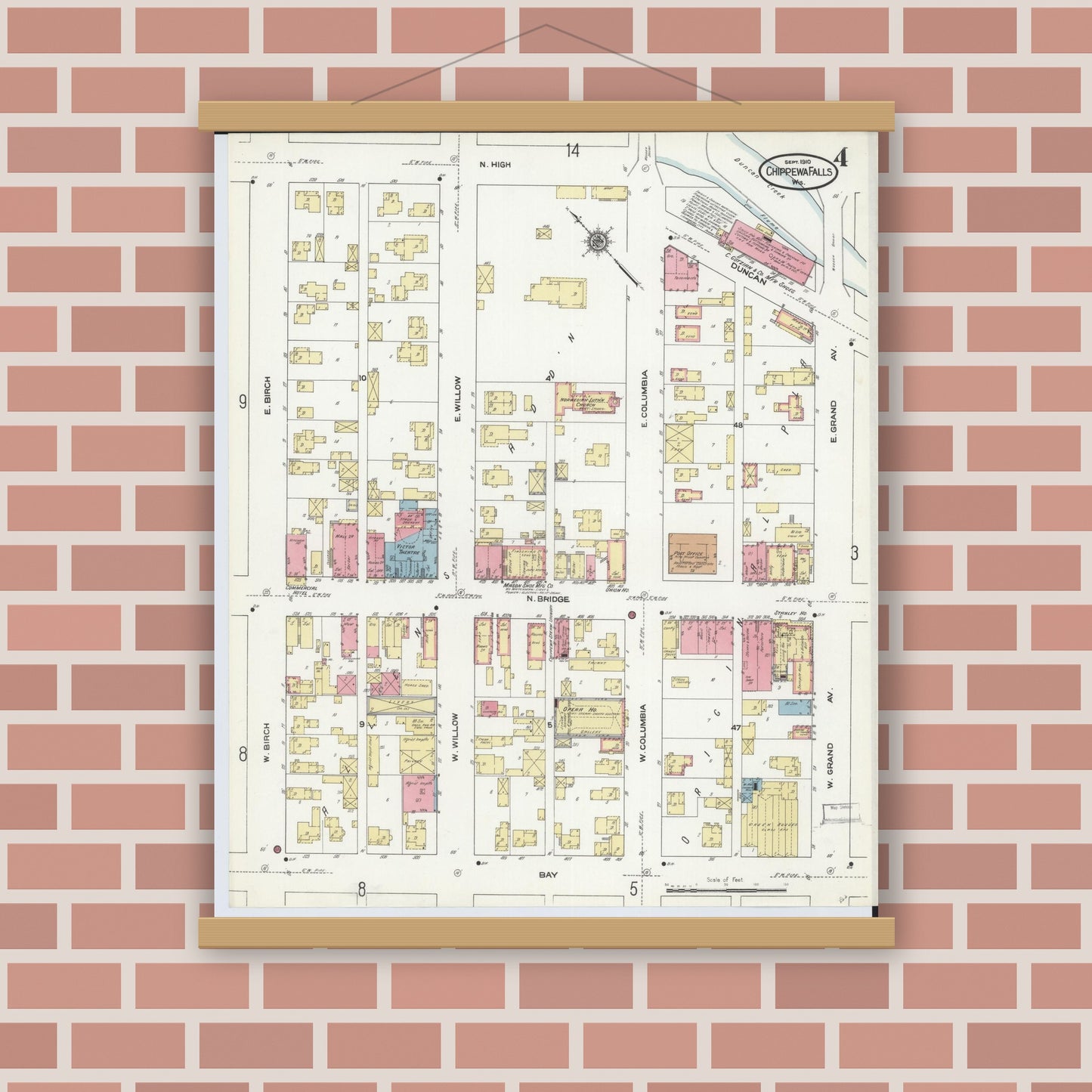 Old map wall art mockup — magnetic wood frame on brick wall — Sanborn Fire Insurance Map from Chippewa Falls, Chippewa County, Wisconsin (1910), Sheet #0004