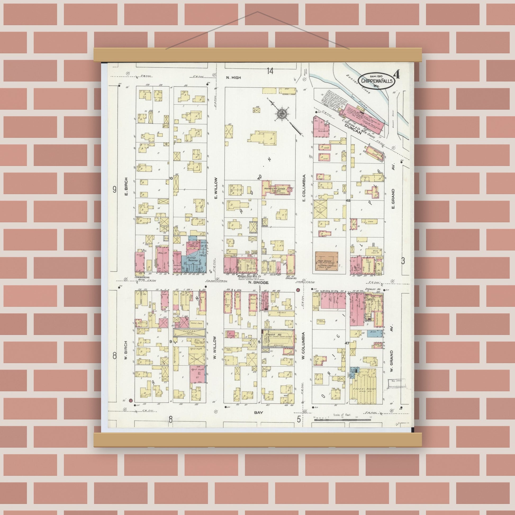 Old map wall art mockup — magnetic wood frame on brick wall — Sanborn Fire Insurance Map from Chippewa Falls, Chippewa County, Wisconsin (1910), Sheet #0004