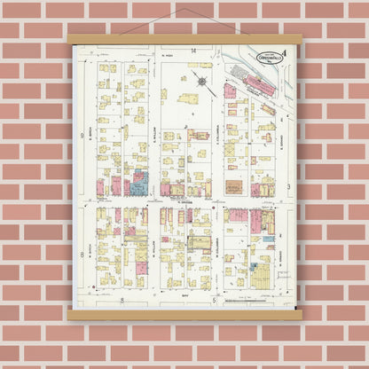 Old map wall art mockup — magnetic wood frame on brick wall — Sanborn Fire Insurance Map from Chippewa Falls, Chippewa County, Wisconsin (1910), Sheet #0004