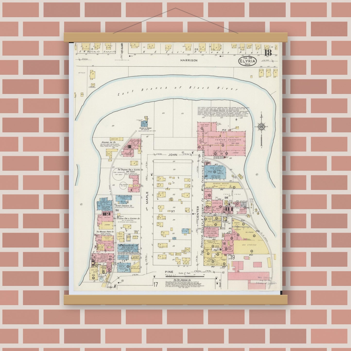 Old map wall art mockup — magnetic wood frame on brick wall — Sanborn Fire Insurance Map from Elyria, Lorain County, Ohio (1915), Sheet #0018