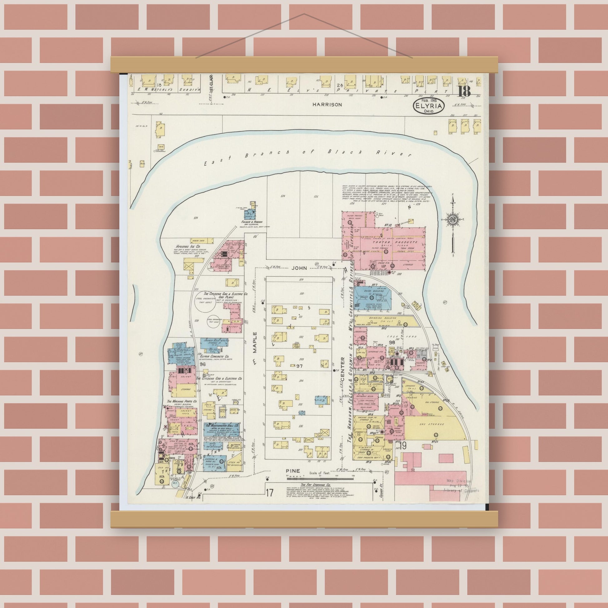 Old map wall art mockup — magnetic wood frame on brick wall — Sanborn Fire Insurance Map from Elyria, Lorain County, Ohio (1915), Sheet #0018