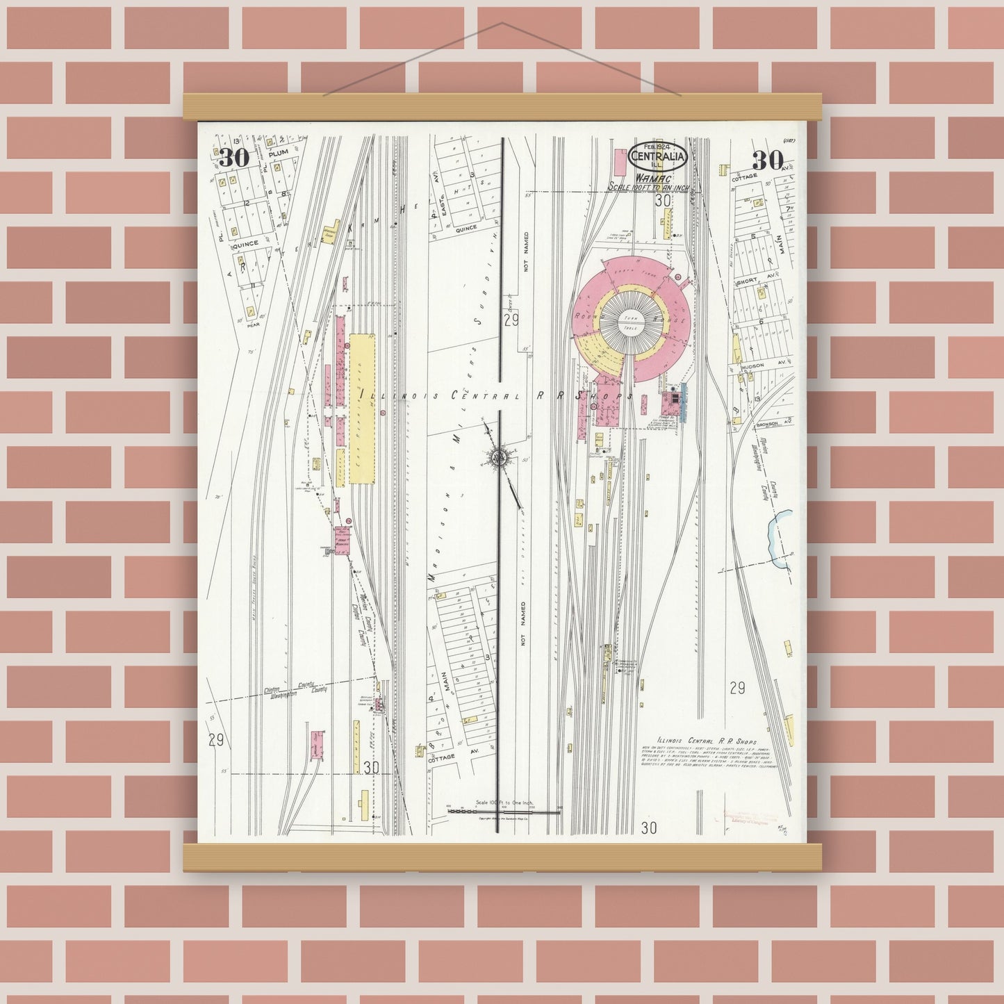 Old map wall art mockup — magnetic wood frame on brick wall — Sanborn Fire Insurance Map from Centralia, Marion, Clinton, Jefferson, and Washington Counties, Illinois (1924), Sheet #0030