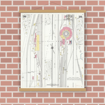 Old map wall art mockup — magnetic wood frame on brick wall — Sanborn Fire Insurance Map from Centralia, Marion, Clinton, Jefferson, and Washington Counties, Illinois (1924), Sheet #0030