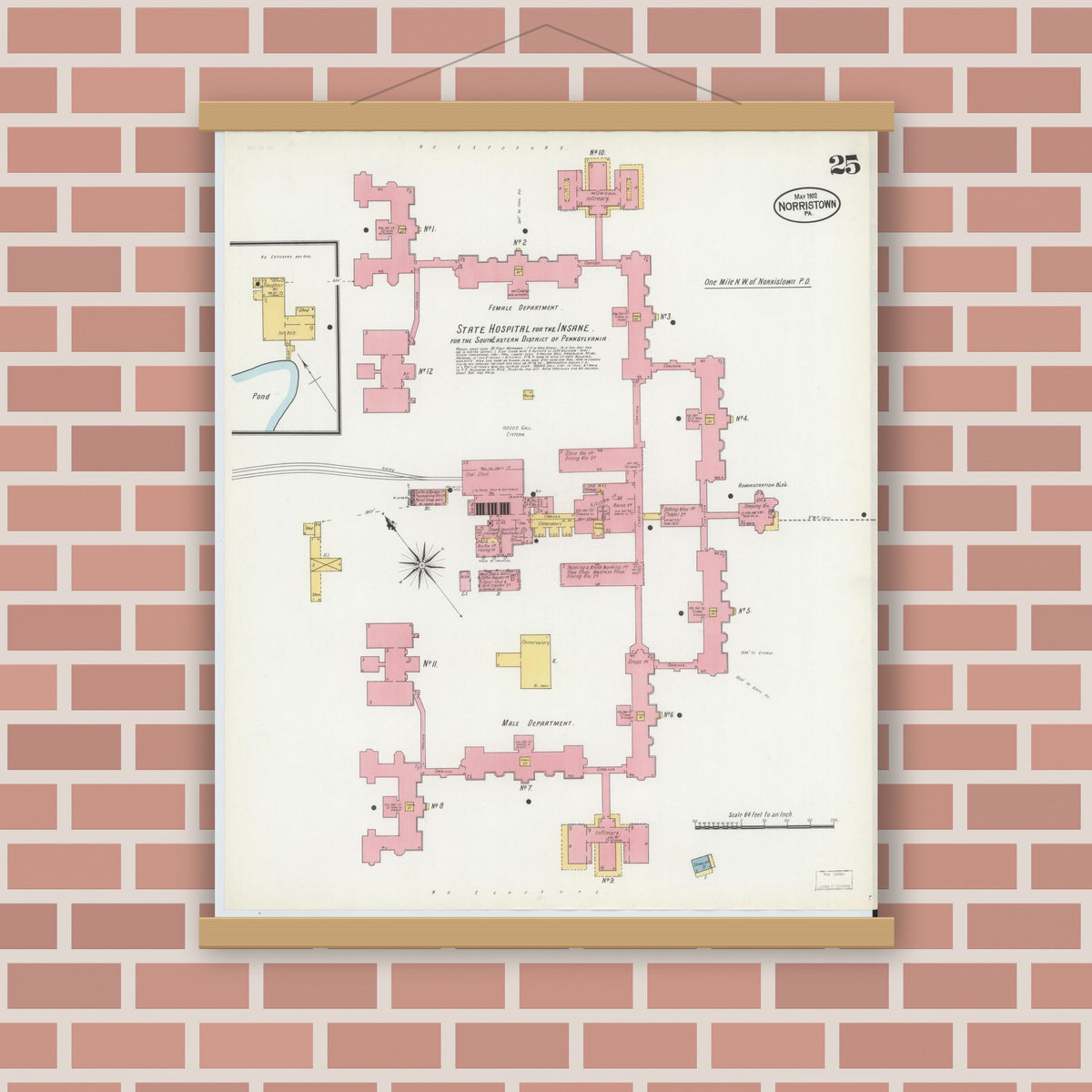 Old map wall art mockup — magnetic wood frame on brick wall — Sanborn Fire Insurance Map from Norristown, Montgomery County, Pennsylvania (1902), Sheet #0025