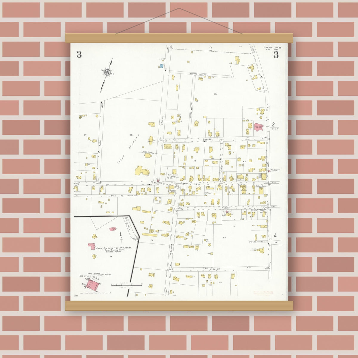 Old map wall art mockup — magnetic wood frame on brick wall — Sanborn Fire Insurance Map from Marion, Plymouth County, Massachusetts (1933), Sheet #0003