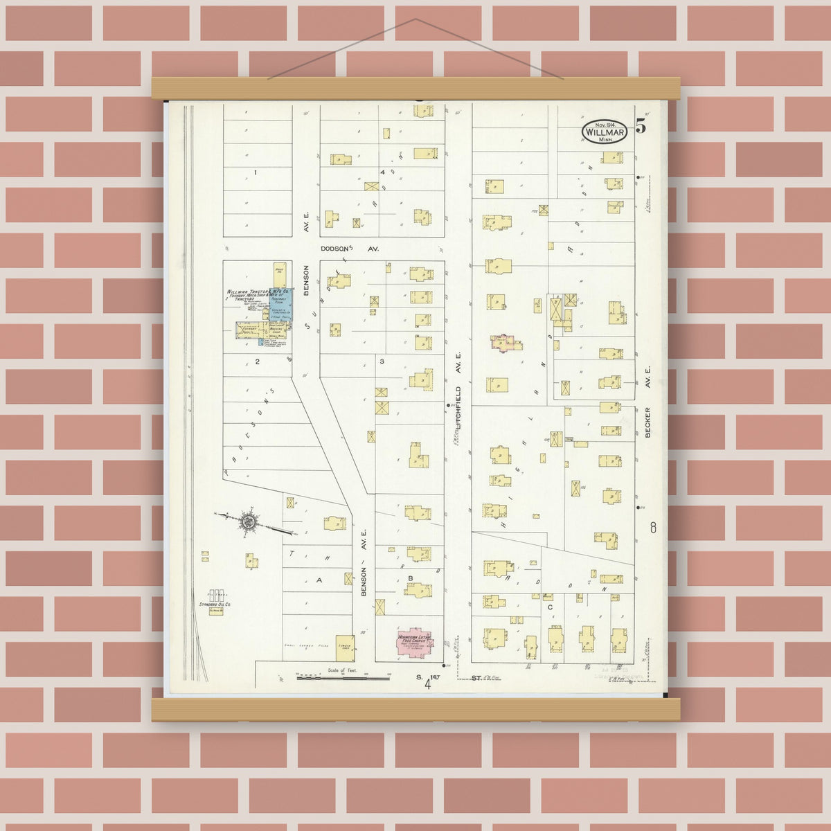 Old map wall art mockup — magnetic wood frame on brick wall — Sanborn Fire Insurance Map from Willmar, Kandiyohi County, Minnesota (1914), Sheet #0005