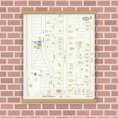 Old map wall art mockup — magnetic wood frame on brick wall — Sanborn Fire Insurance Map from Willmar, Kandiyohi County, Minnesota (1914), Sheet #0005