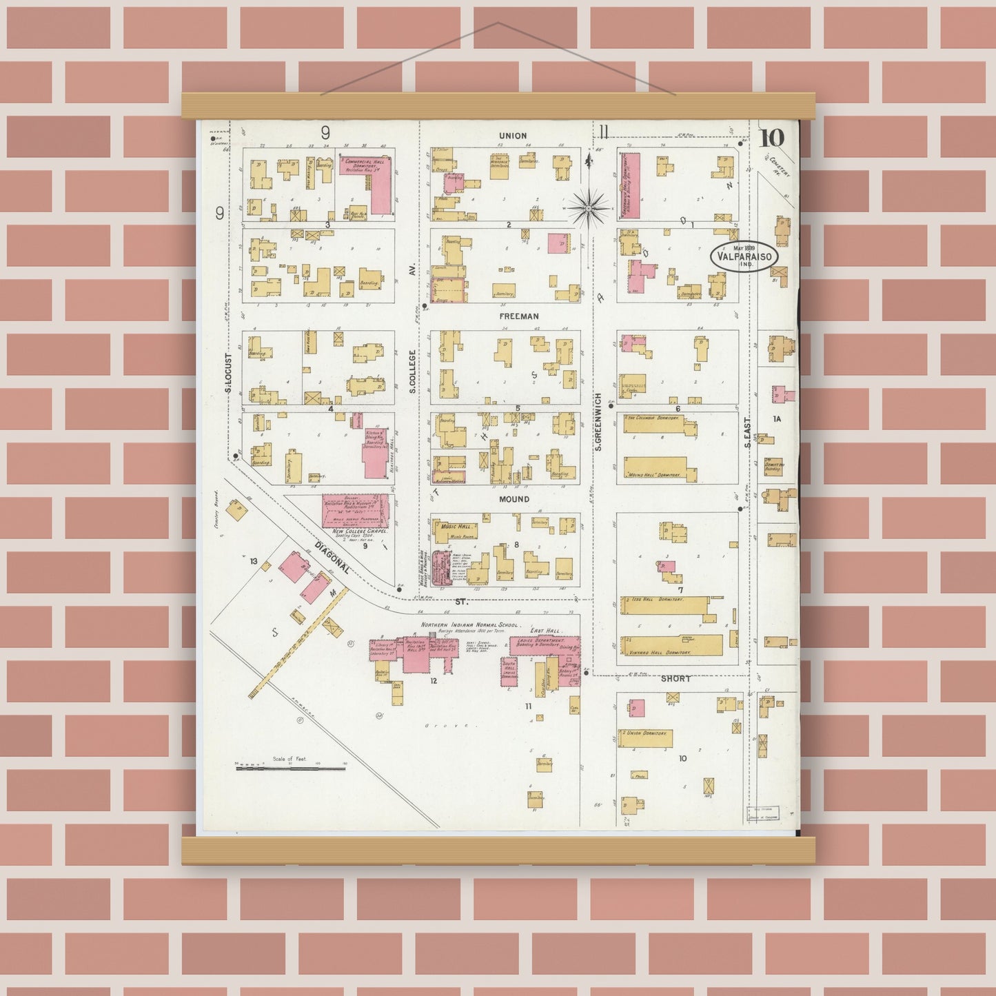 Old map wall art mockup — magnetic wood frame on brick wall — Sanborn Fire Insurance Map from Valparaiso, Porter County, Indiana (1899), Sheet #0010
