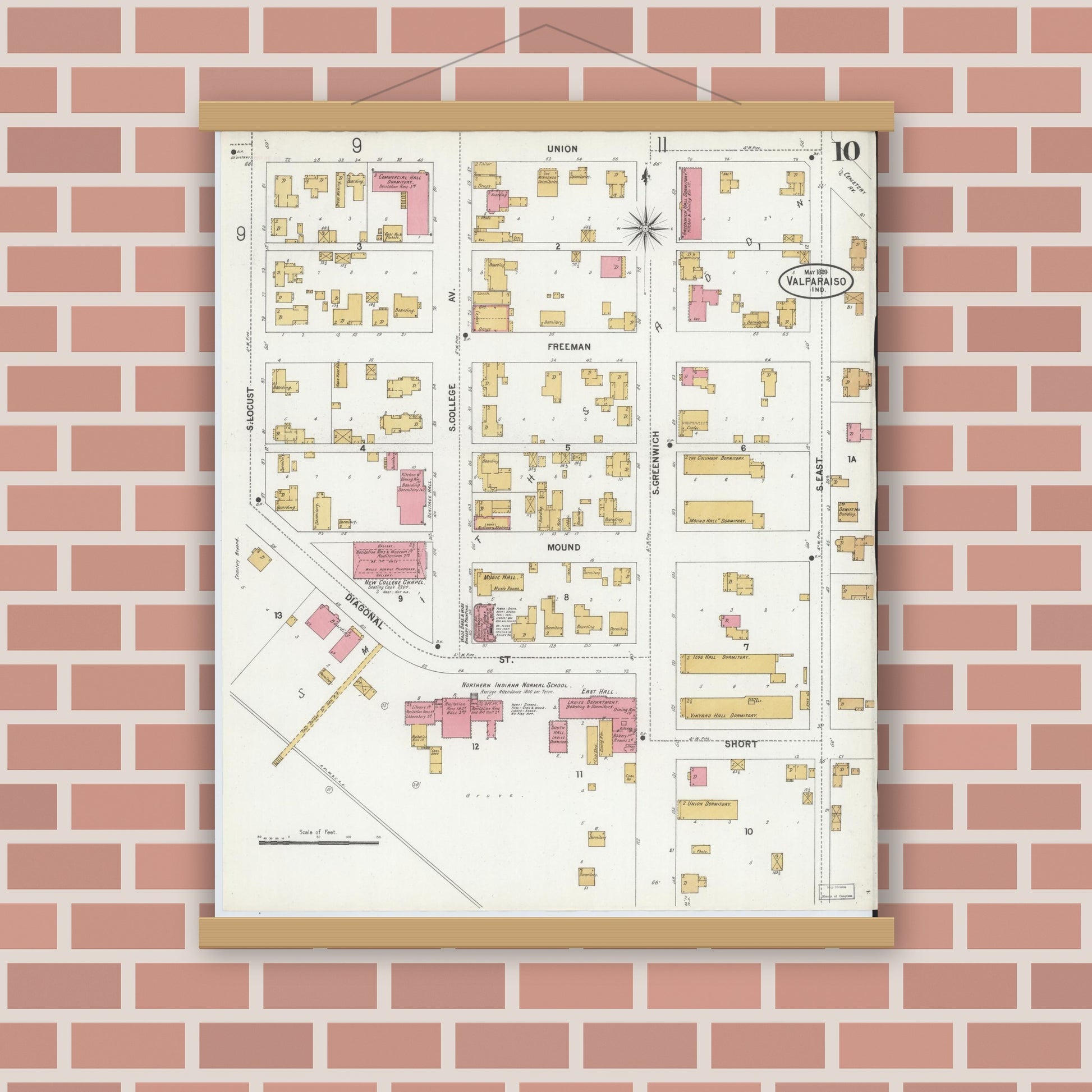 Old map wall art mockup — magnetic wood frame on brick wall — Sanborn Fire Insurance Map from Valparaiso, Porter County, Indiana (1899), Sheet #0010