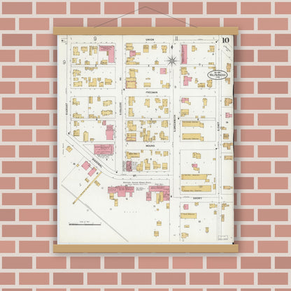 Old map wall art mockup — magnetic wood frame on brick wall — Sanborn Fire Insurance Map from Valparaiso, Porter County, Indiana (1899), Sheet #0010