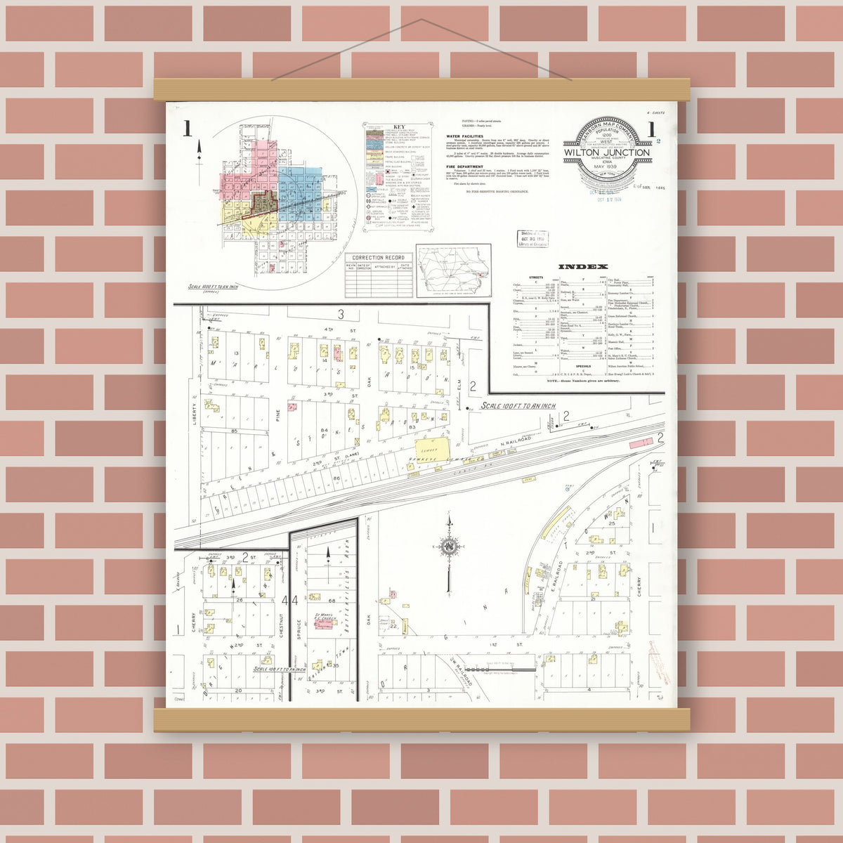 Old map wall art mockup — magnetic wood frame on brick wall — Sanborn Fire Insurance Map from Wilton Junction, Muscatine County, Iowa (1939), Sheet #0001
