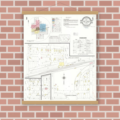 Old map wall art mockup — magnetic wood frame on brick wall — Sanborn Fire Insurance Map from Wilton Junction, Muscatine County, Iowa (1939), Sheet #0001