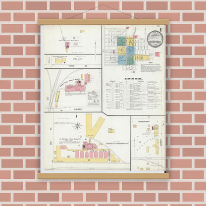 Old map wall art mockup — magnetic wood frame on brick wall — Sanborn Fire Insurance Map from North Baltimore, Wood County, Ohio (1900), Sheet #0001