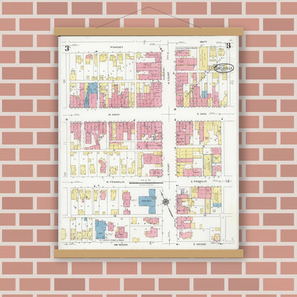 Old map wall art mockup — magnetic wood frame on brick wall — Sanborn Fire Insurance Map from Circleville, Pickaway County, Ohio (1927), Sheet #0003