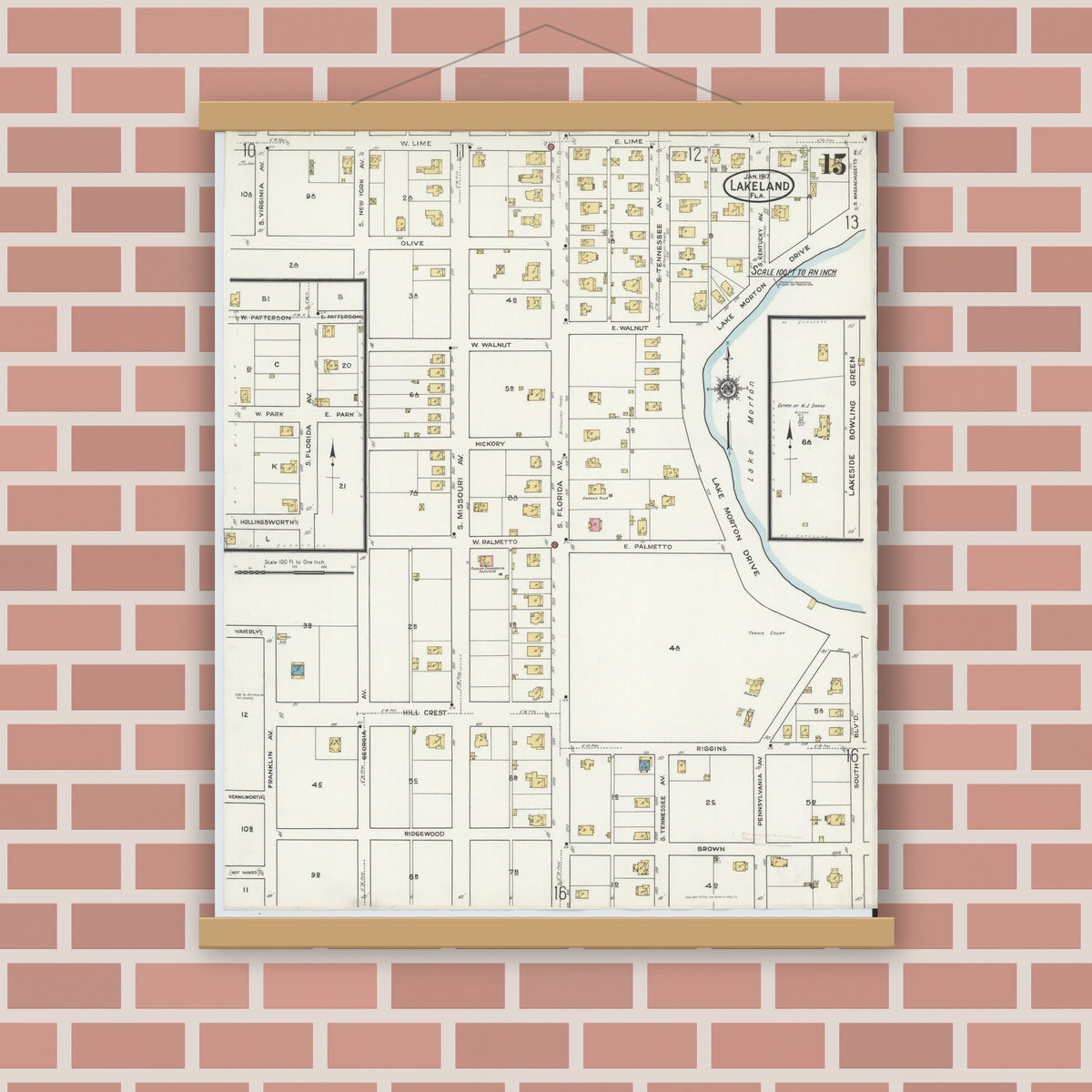 Old map wall art mockup — magnetic wood frame on brick wall — Sanborn Fire Insurance Map from Lakeland, Polk County, Florida (1917), Sheet #0015