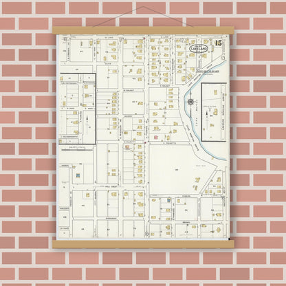 Old map wall art mockup — magnetic wood frame on brick wall — Sanborn Fire Insurance Map from Lakeland, Polk County, Florida (1917), Sheet #0015