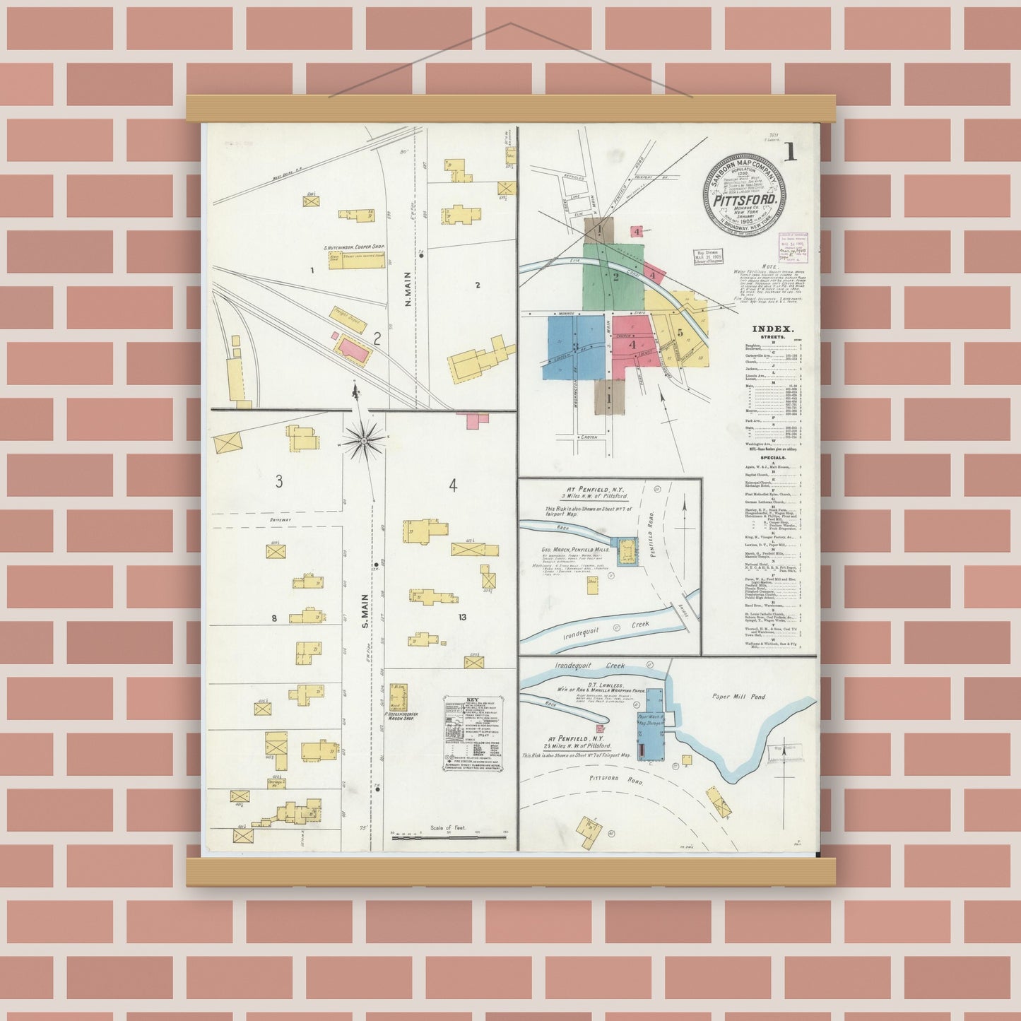 Old map wall art mockup — magnetic wood frame on brick wall — Sanborn Fire Insurance Map from Pittsford, Monroe County, New York (1905), Sheet #0001