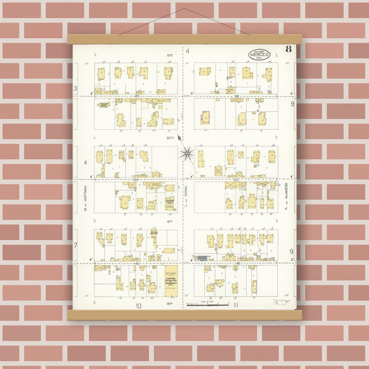 Old map wall art mockup — magnetic wood frame on brick wall — Sanborn Fire Insurance Map from Merced, Merced County, California (1907), Sheet #0008