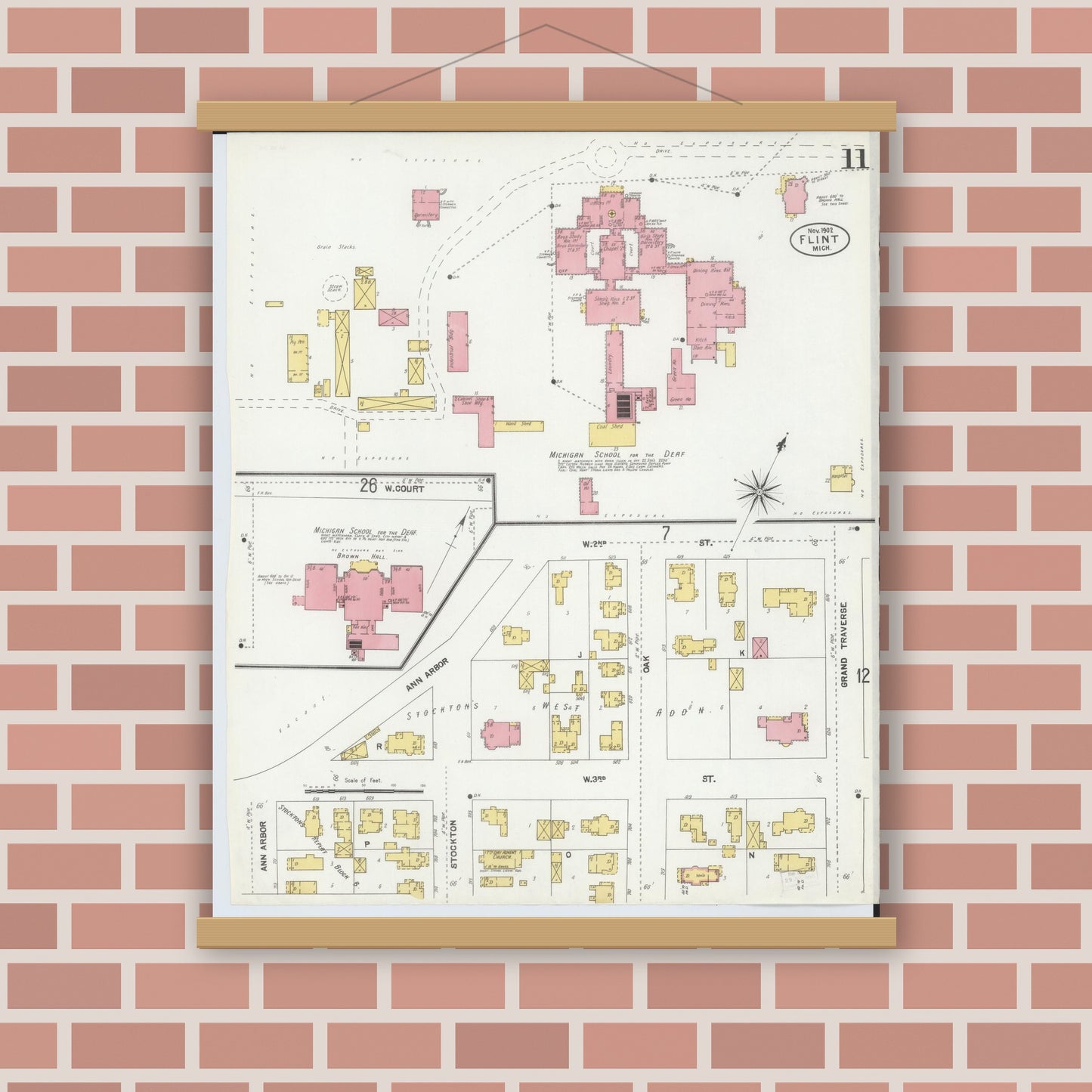 Old map wall art mockup — magnetic wood frame on brick wall — Sanborn Fire Insurance Map from Flint, Genesee County, Michigan (1902), Sheet #0011