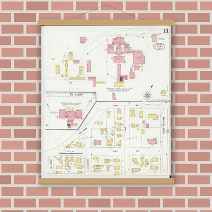 Old map wall art mockup — magnetic wood frame on brick wall — Sanborn Fire Insurance Map from Flint, Genesee County, Michigan (1902), Sheet #0011