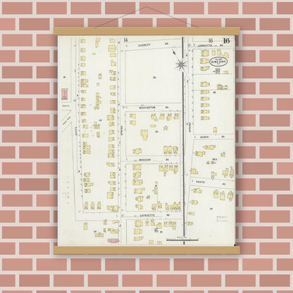 Old map wall art mockup — magnetic wood frame on brick wall — Sanborn Fire Insurance Map from Sing Sing, Westchester County, New York (1897), Sheet #0016