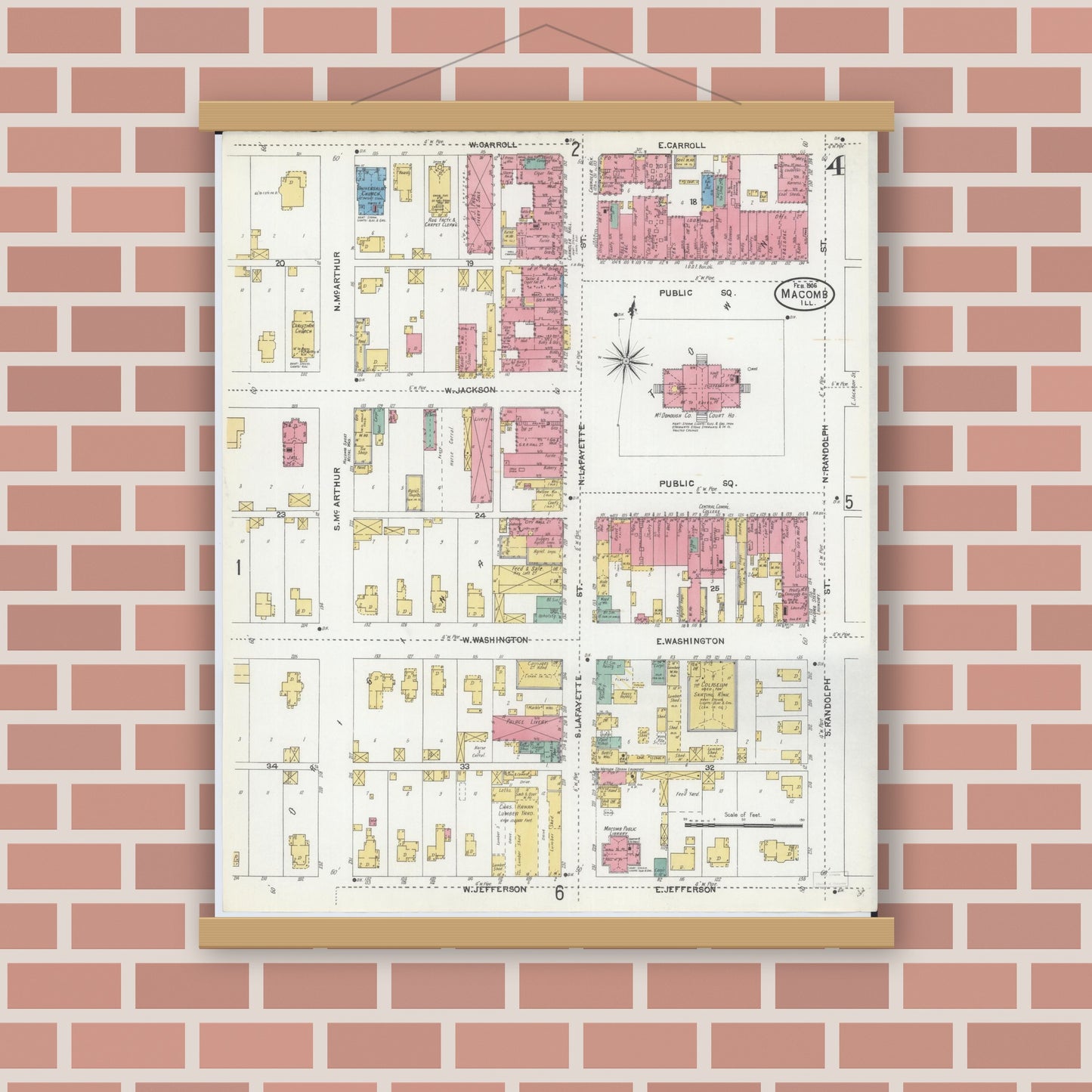 Old map wall art mockup — magnetic wood frame on brick wall — Sanborn Fire Insurance Map from Macomb, Mcdonough County, Illinois (1906), Sheet #0004