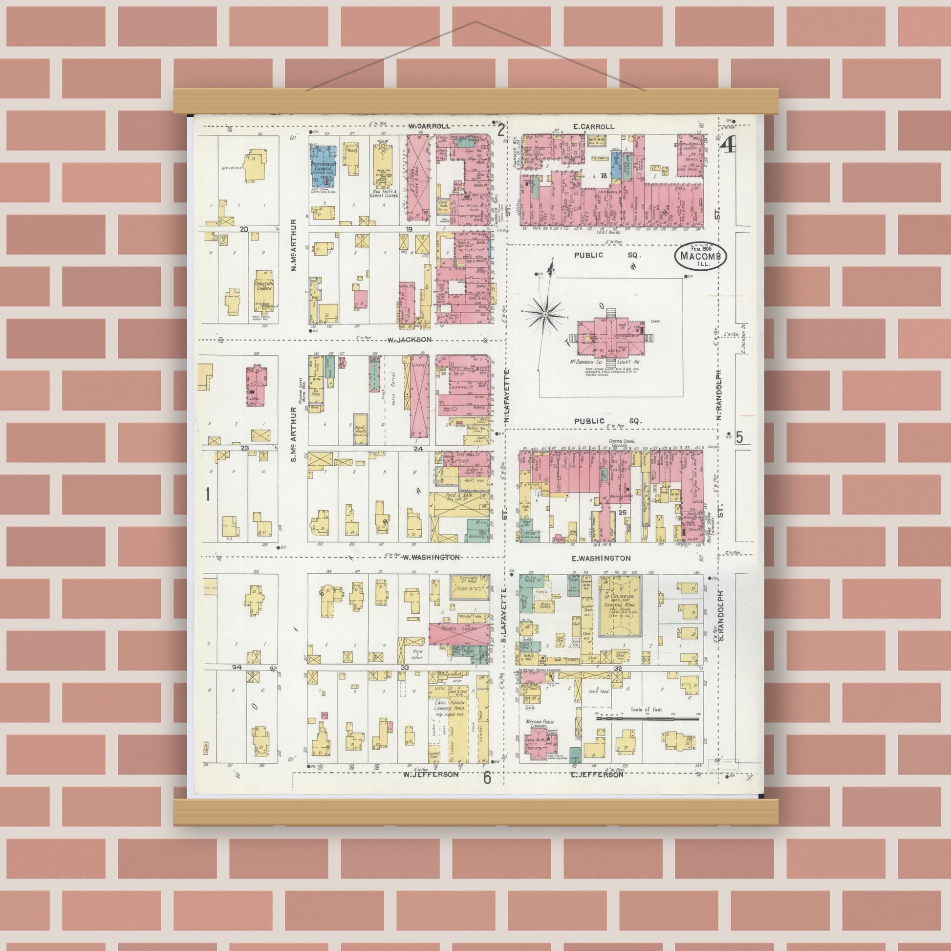 Old map wall art mockup — magnetic wood frame on brick wall — Sanborn Fire Insurance Map from Macomb, Mcdonough County, Illinois (1906), Sheet #0004