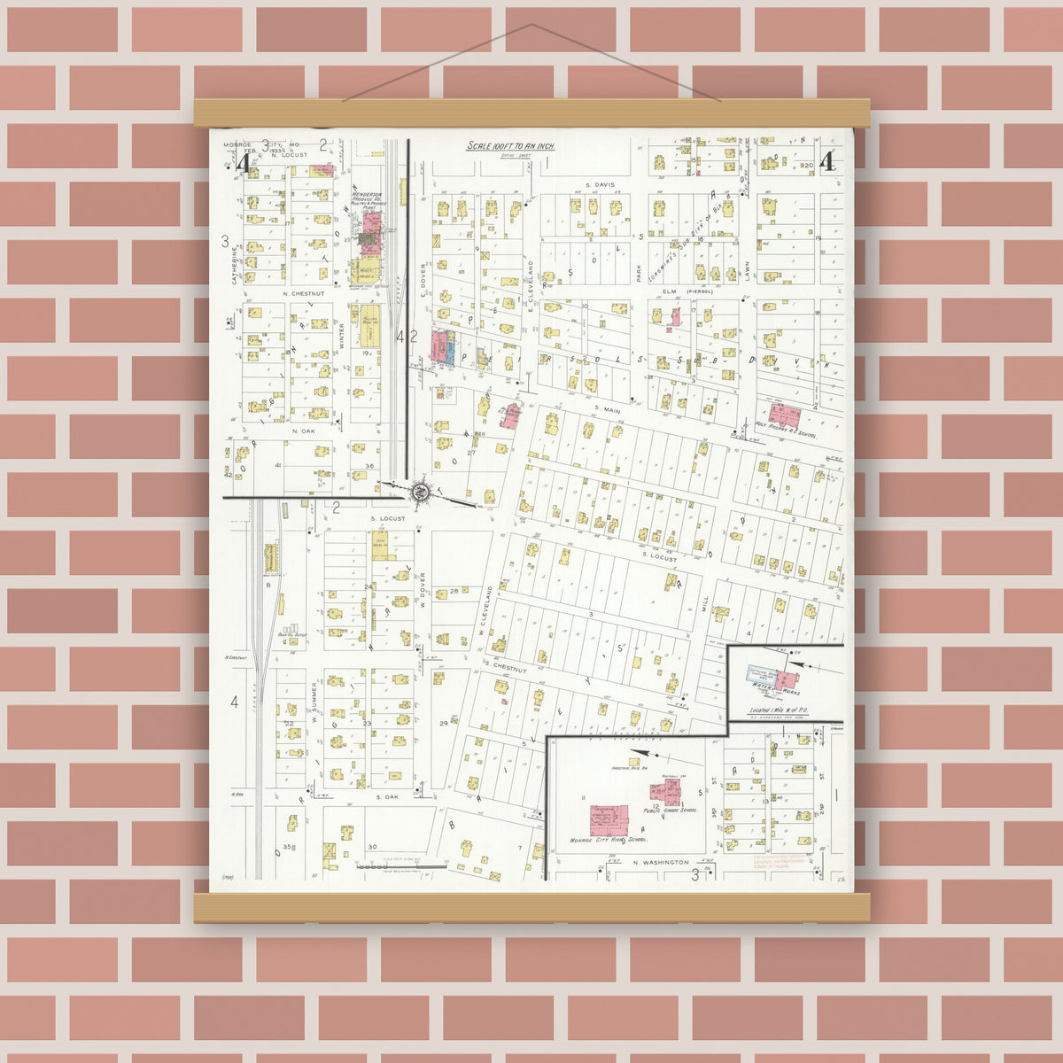 Old map wall art mockup — magnetic wood frame on brick wall — Sanborn Fire Insurance Map from Monroe City, Monroe County, Missouri (1933), Sheet #0004