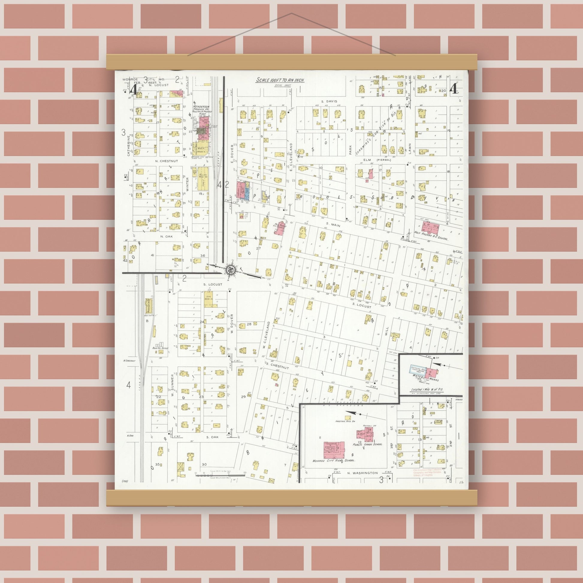 Old map wall art mockup — magnetic wood frame on brick wall — Sanborn Fire Insurance Map from Monroe City, Monroe County, Missouri (1933), Sheet #0004