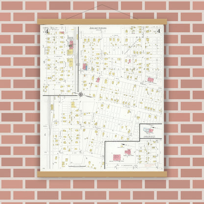 Old map wall art mockup — magnetic wood frame on brick wall — Sanborn Fire Insurance Map from Monroe City, Monroe County, Missouri (1933), Sheet #0004