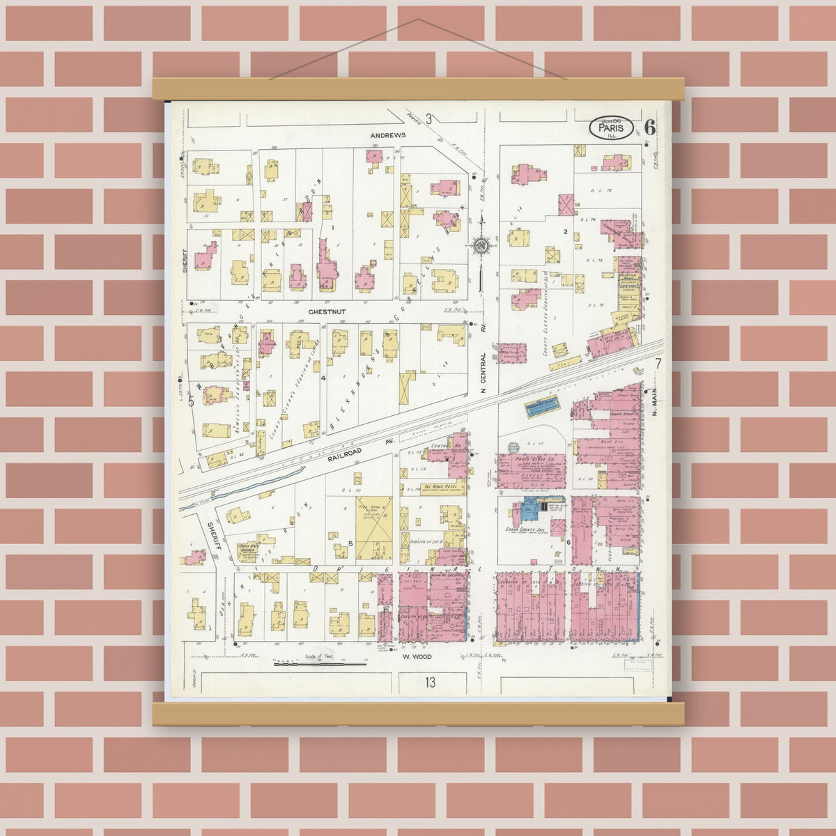 Old map wall art mockup — magnetic wood frame on brick wall — Sanborn Fire Insurance Map from Paris, Edgar County, Illinois (1916), Sheet #0006