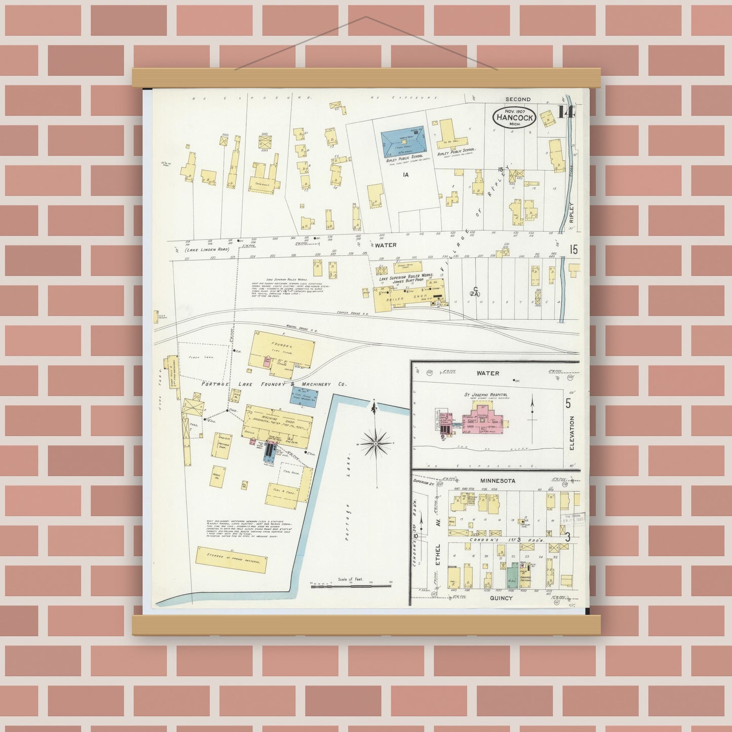 Old map wall art mockup — magnetic wood frame on brick wall — Sanborn Fire Insurance Map from Hancock, Houghton County, Michigan (1907), Sheet #0014