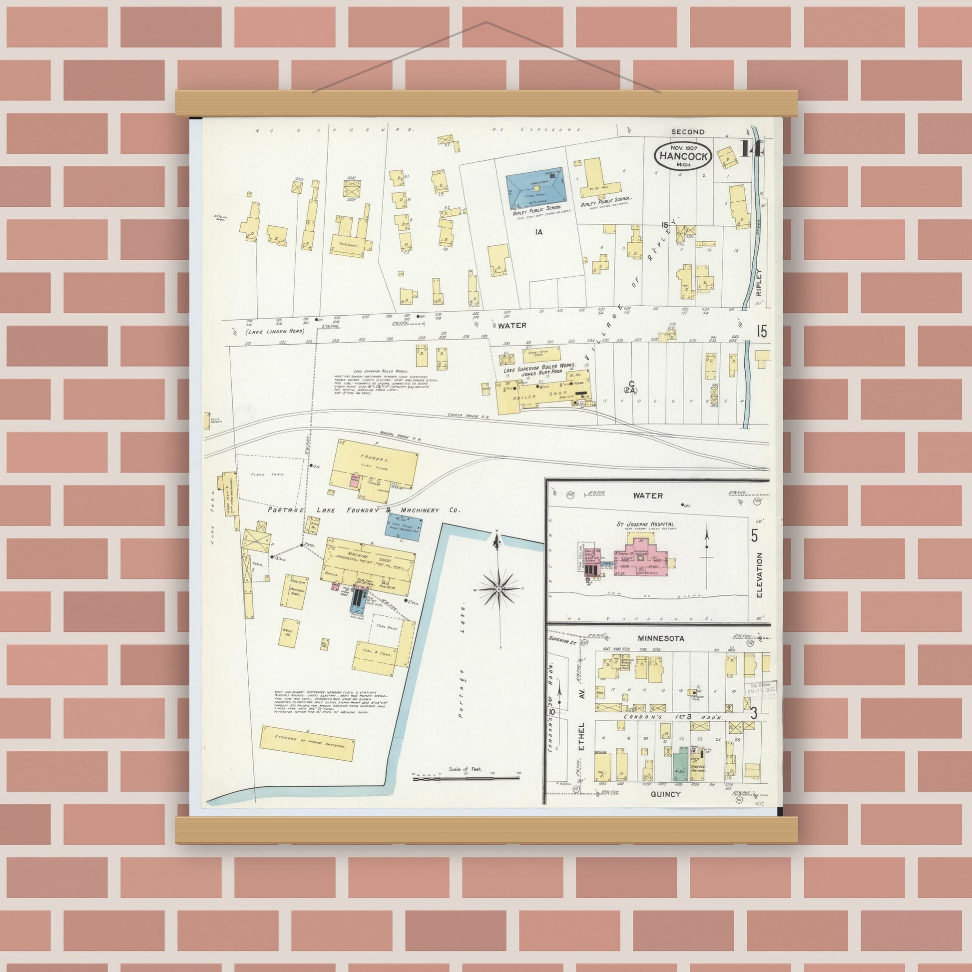 Old map wall art mockup — magnetic wood frame on brick wall — Sanborn Fire Insurance Map from Hancock, Houghton County, Michigan (1907), Sheet #0014