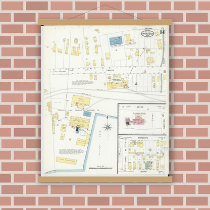 Old map wall art mockup — magnetic wood frame on brick wall — Sanborn Fire Insurance Map from Hancock, Houghton County, Michigan (1907), Sheet #0014