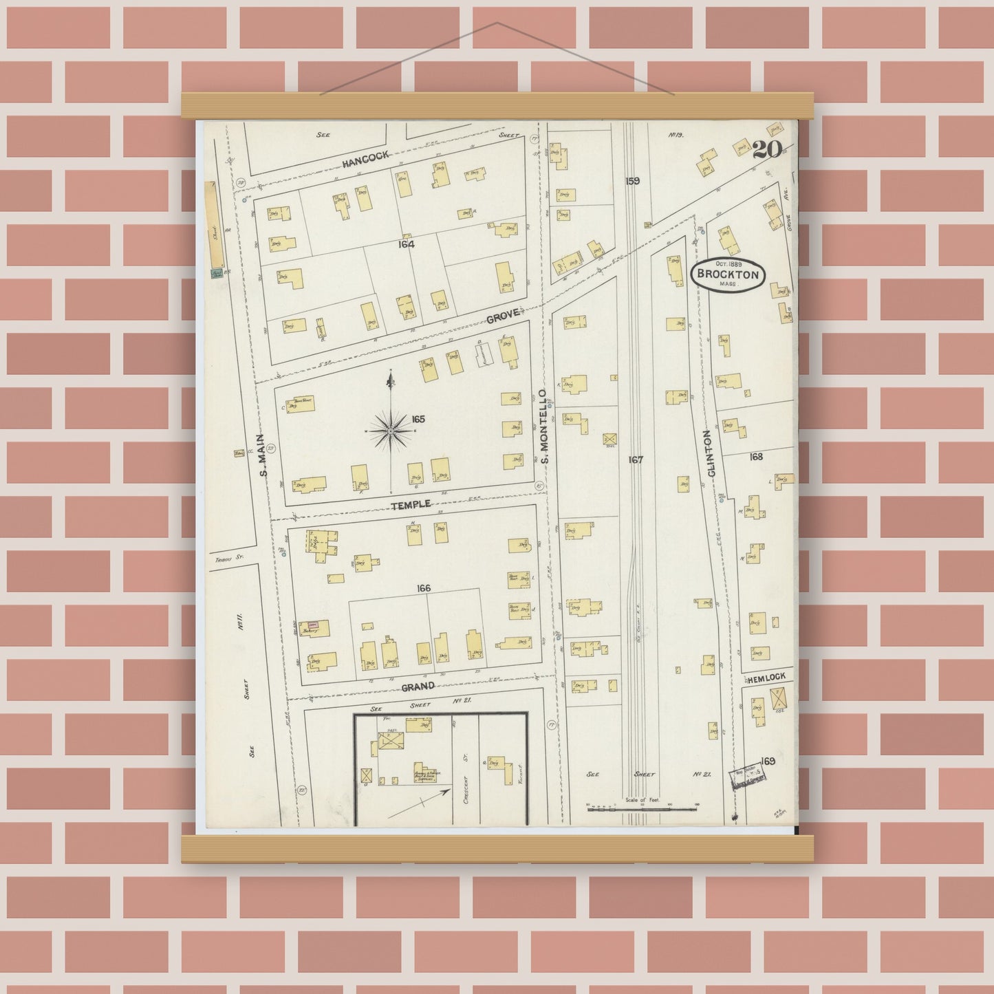 Old map wall art mockup — magnetic wood frame on brick wall — Sanborn Fire Insurance Map from Brockton, Plymouth County, Massachusetts (1889), Sheet #0020