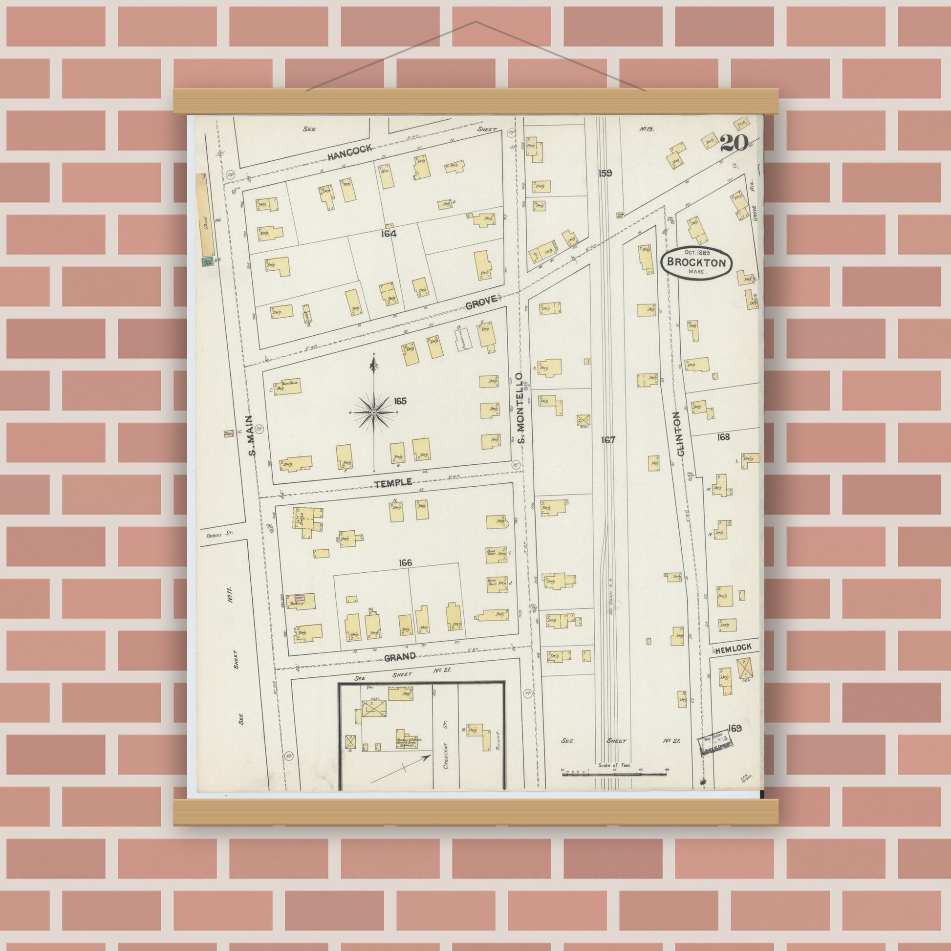 Old map wall art mockup — magnetic wood frame on brick wall — Sanborn Fire Insurance Map from Brockton, Plymouth County, Massachusetts (1889), Sheet #0020