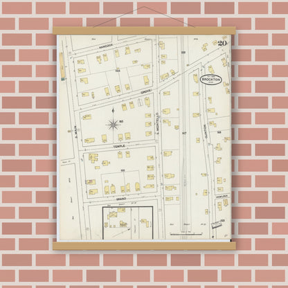 Old map wall art mockup — magnetic wood frame on brick wall — Sanborn Fire Insurance Map from Brockton, Plymouth County, Massachusetts (1889), Sheet #0020