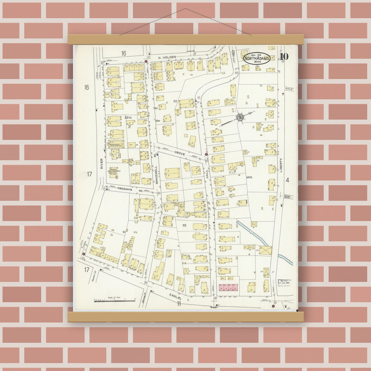 Old map wall art mockup — magnetic wood frame on brick wall — Sanborn Fire Insurance Map from North Adams, Berkshire County, Massachusetts (1914), Sheet #0010