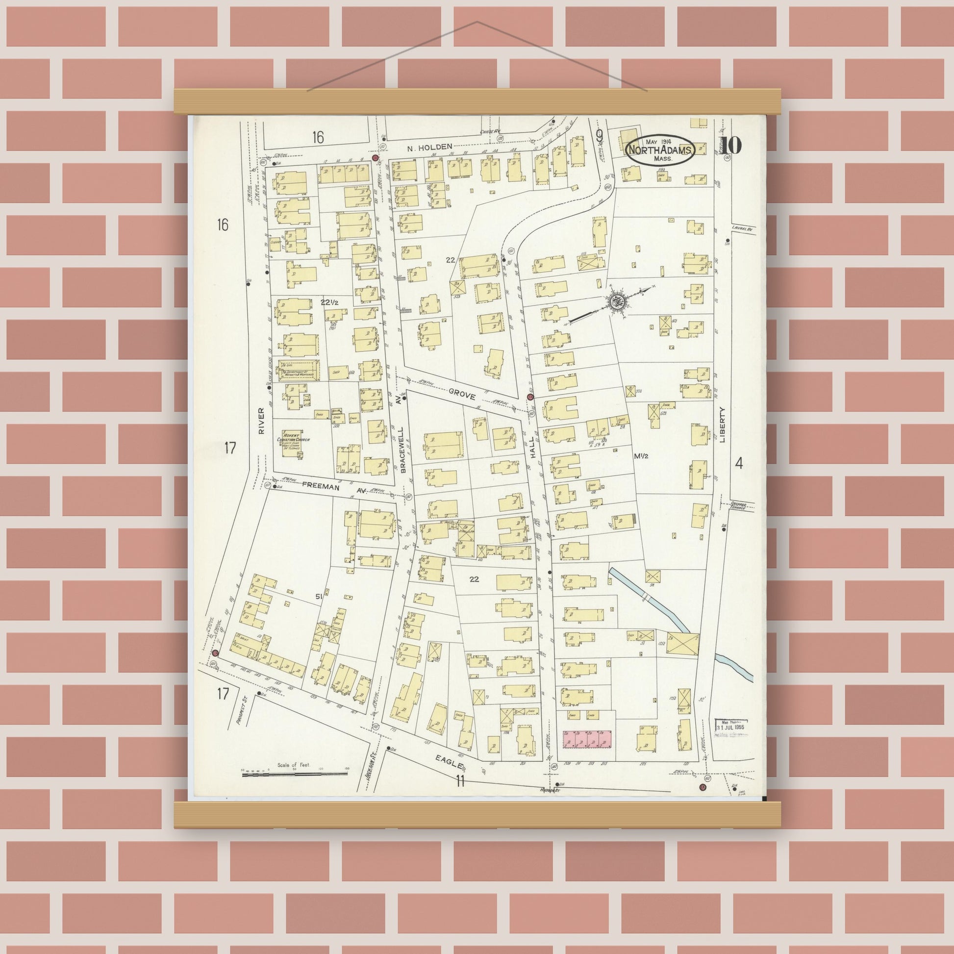 Old map wall art mockup — magnetic wood frame on brick wall — Sanborn Fire Insurance Map from North Adams, Berkshire County, Massachusetts (1914), Sheet #0010