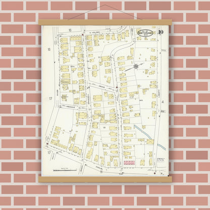 Old map wall art mockup — magnetic wood frame on brick wall — Sanborn Fire Insurance Map from North Adams, Berkshire County, Massachusetts (1914), Sheet #0010
