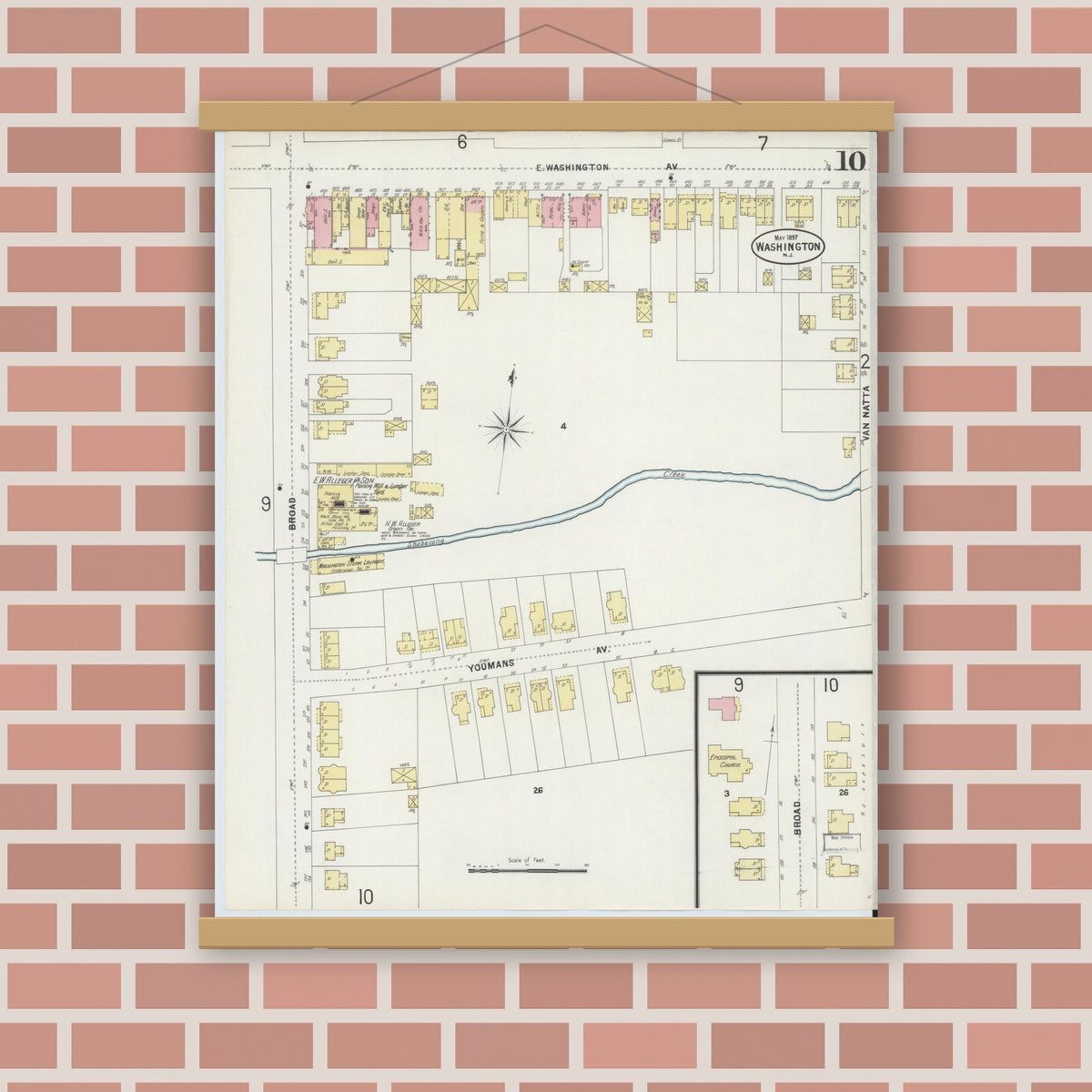 Old map wall art mockup — magnetic wood frame on brick wall — Sanborn Fire Insurance Map from Washington, Warren County, New Jersey (1897), Sheet #0010