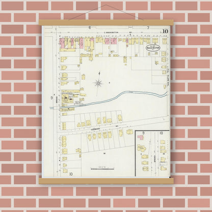 Old map wall art mockup — magnetic wood frame on brick wall — Sanborn Fire Insurance Map from Washington, Warren County, New Jersey (1897), Sheet #0010