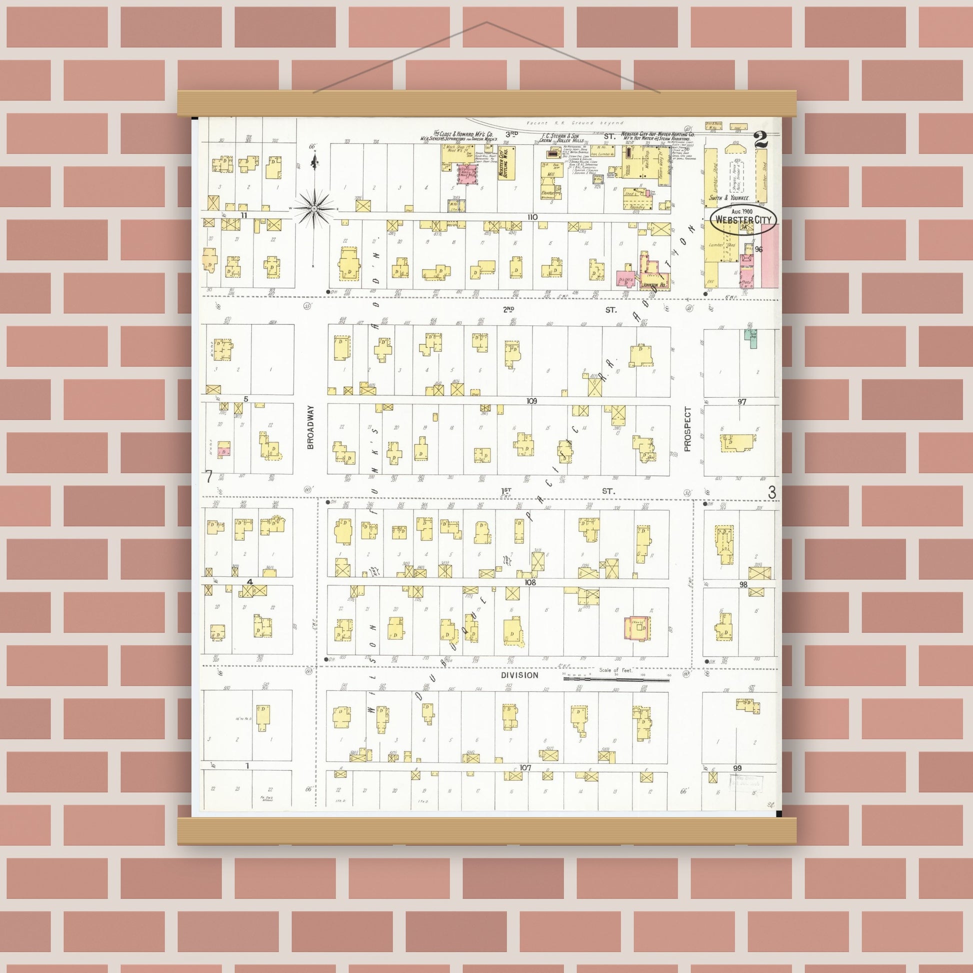 Old map wall art mockup — magnetic wood frame on brick wall — Sanborn Fire Insurance Map from Webster City, Hamilton County, Iowa (1900), Sheet #0002