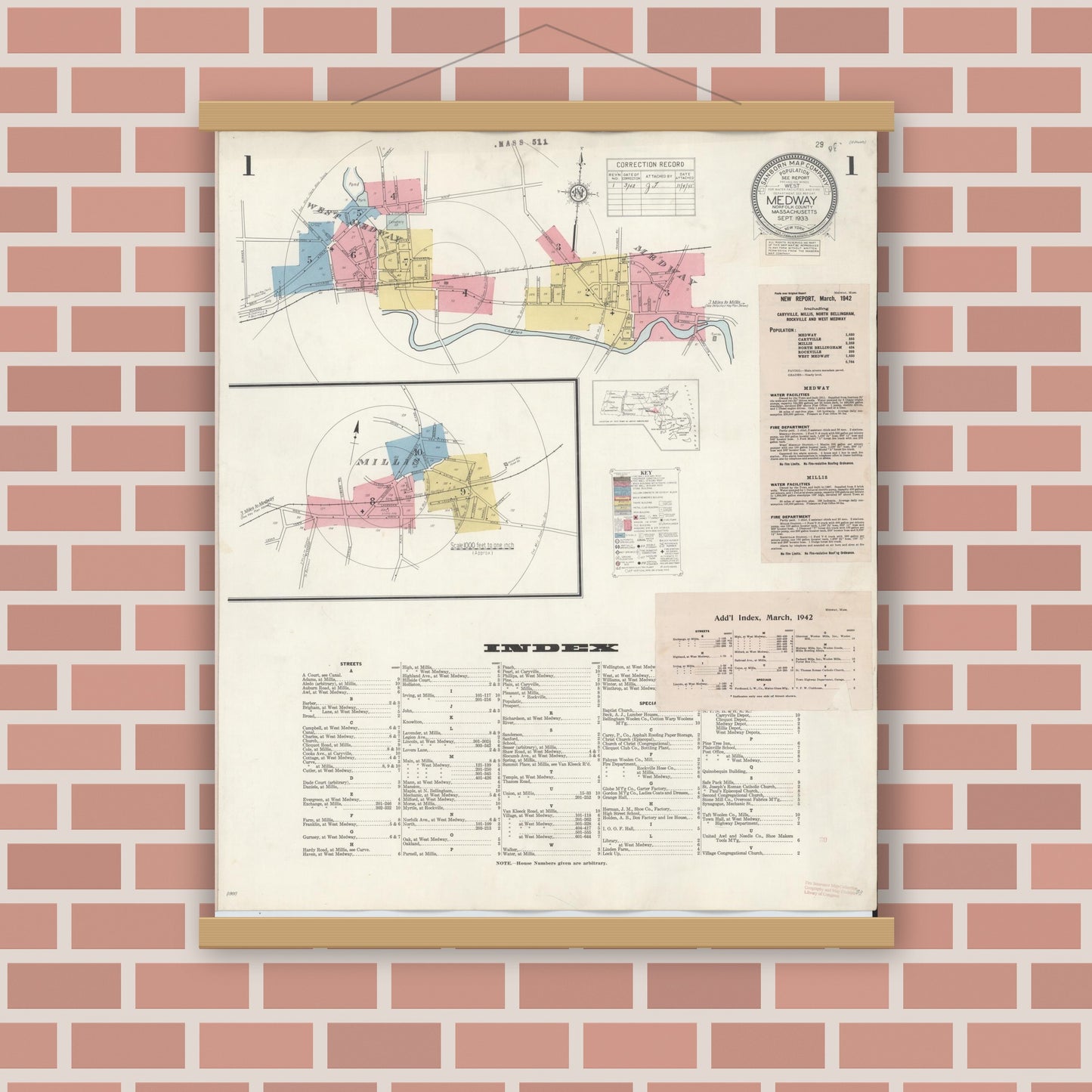 Old map wall art mockup — magnetic wood frame on brick wall — Sanborn Fire Insurance Map from Medway, Norfolk County, Massachusetts (1942), Sheet #0001