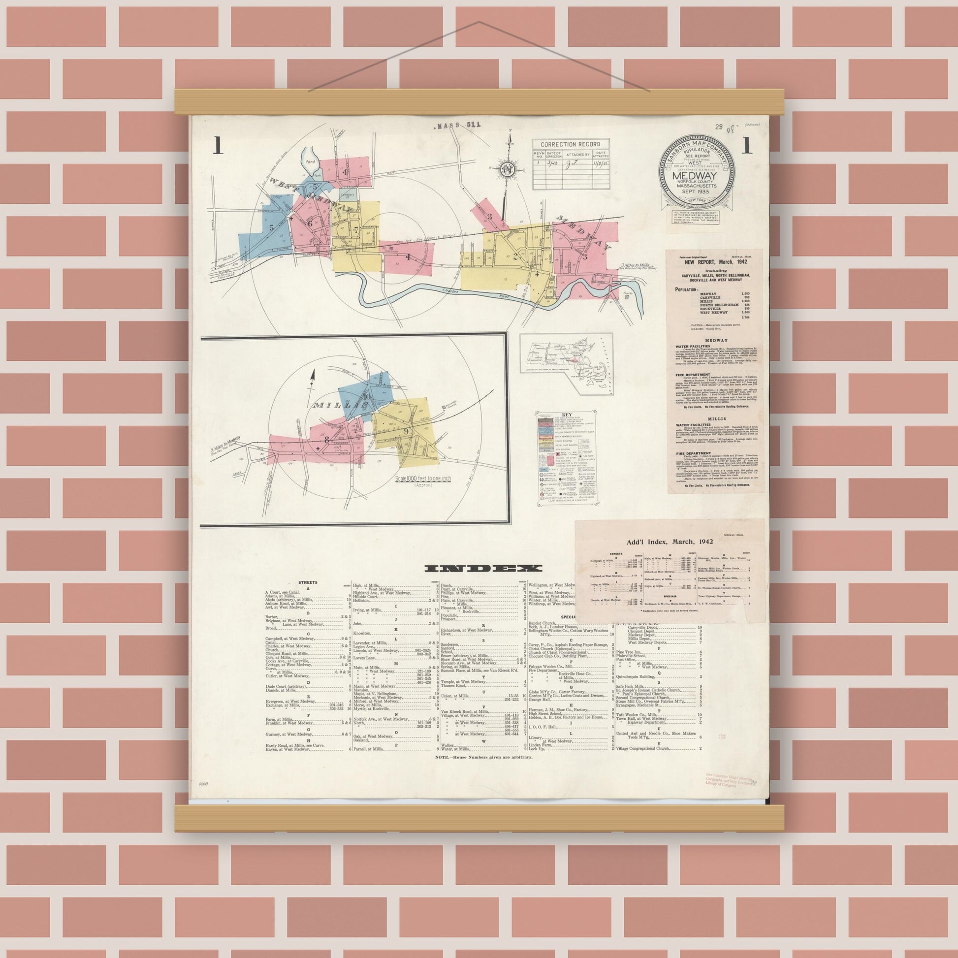 Old map wall art mockup — magnetic wood frame on brick wall — Sanborn Fire Insurance Map from Medway, Norfolk County, Massachusetts (1942), Sheet #0001