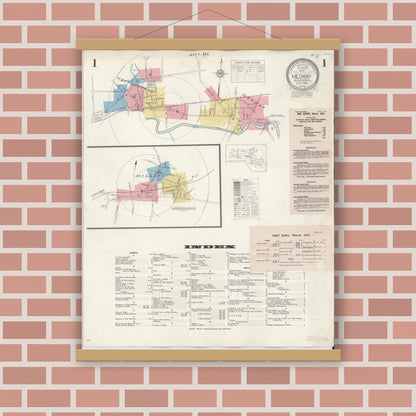 Old map wall art mockup — magnetic wood frame on brick wall — Sanborn Fire Insurance Map from Medway, Norfolk County, Massachusetts (1942), Sheet #0001